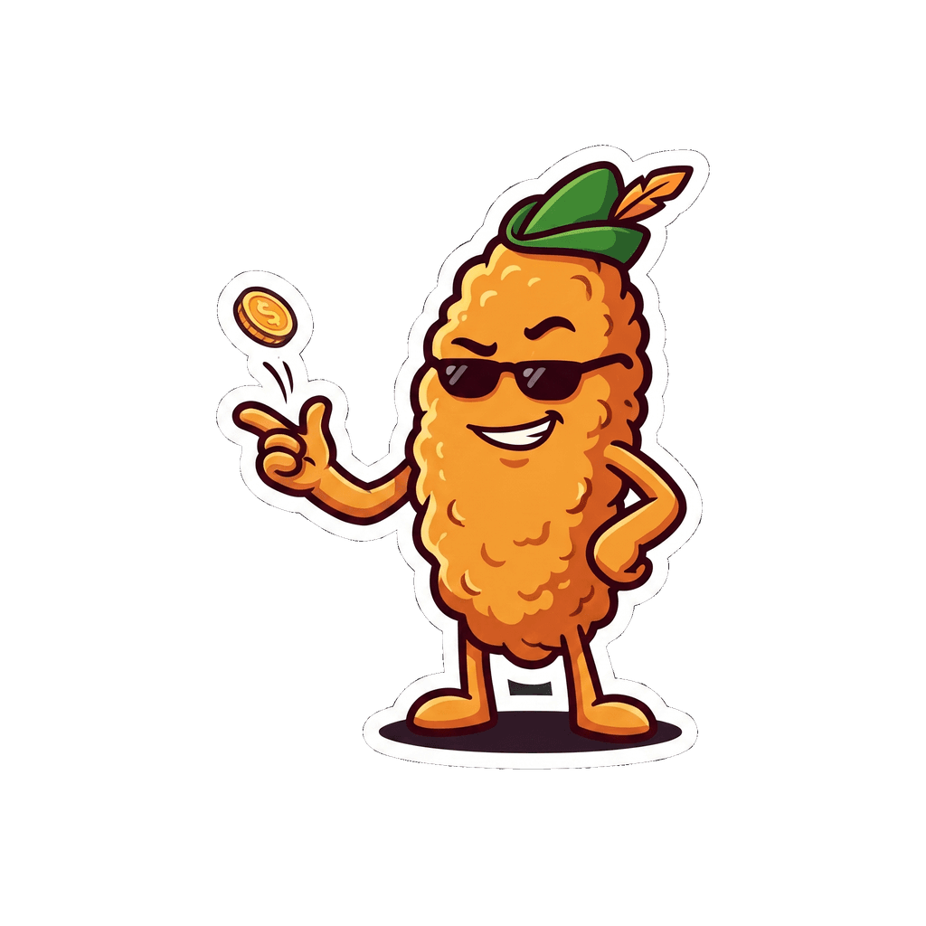 Tendie, a golden chicken tender in sunglasses and a green Robin Hood cap, flicking a coin.